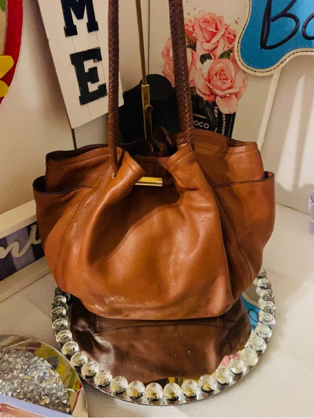 ANTONIO MELANI Tan Leather Tote with Braided Handles - Picture 9 of 10